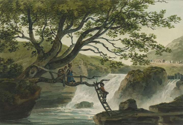 Curious alpine bridge for Welsh milkmaids with steady hands and nimble feet, on the River Taff, Glamorganshire